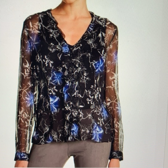 Elie Tahari Verda Black/Blue Floral Sheer Ruffle Silk Blouse Size M - Picture 5 of 7